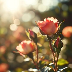 Delicate springtime roses in sun