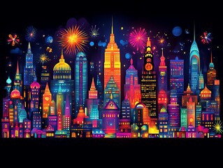 Fototapeta premium Vibrant Cityscape Illuminated by Fireworks at Night