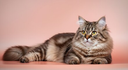 Obraz premium Elegant feline lying on peach background for pet care and design inspiration