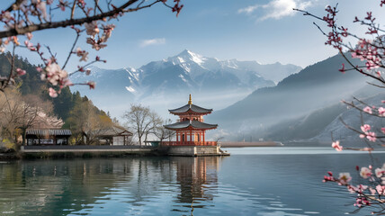 Obraz premium A serene pagoda overlooking a tranquil mountain lake, framed by blossoming trees