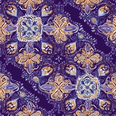 Elegant ethnic fabric design with tribal motifs and geometric shapes on a bold purple background, crafted for fashion artwork