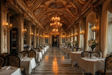 Obraz premium An elegant dinner at a fine restaurant with a beautifully set table, perfect for an intimate and sophisticated evening.
