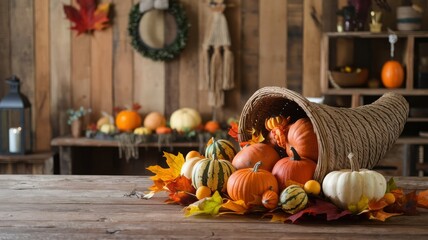 Autumn Harvest: Thanksgiving Cornucopia with Pumpkins and Leaves. Celebrate the essence of autumn with a vibrant cornucopia filled with pumpkins, gourds, and colorful fall leaves.