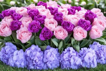Fototapeta premium A vibrant garden scene showcasing a bed of pink and purple tulips with blue hydrangeas, presenting a vivid array of colors and textures in a fresh outdoor setting.