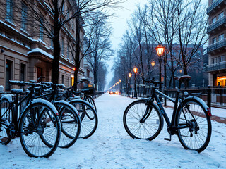 Obraz premium A row of bicycles parked neatly in a line, showcasing various colors and styles against a neutral background.