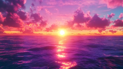 Fototapeta premium Vibrant sunset over calm ocean; pink, orange, and purple hues paint the sky and reflect on the water's surface.