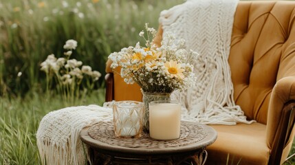 Rustic decor with yellow flowers and candles