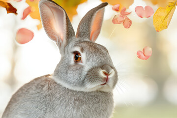 Fototapeta premium close up of rabbit surrounded by autumn leaves and petals, showcasing its soft fur and expressive eyes