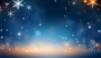 Blue and golden christmas background with snow, stars, particles and bokeh effect