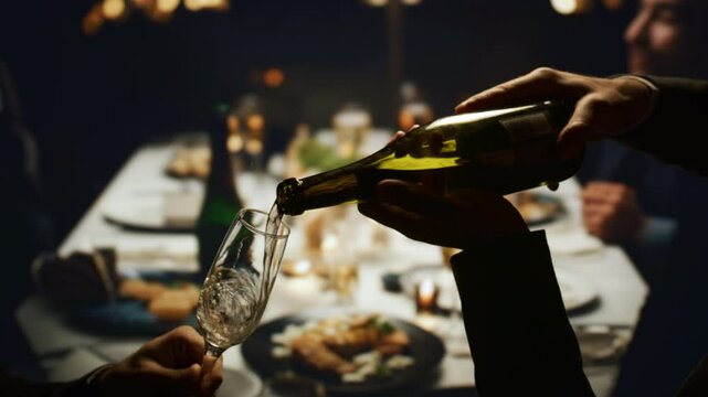 Elegant Champagne Pour At Formal Dinner Party Evening Celebration Toast Occasion