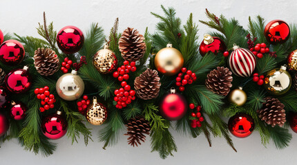 The image shows a festive garland with red, gold, and silver ornaments, striped like candy canes, pine cones, and greenery, set against a neutral background.