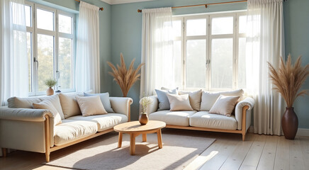 Fototapeta premium Bright Living Room with Cozy Sofas and Natural Light