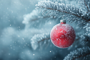 A single red ornament hanging from a snowy tree branch.