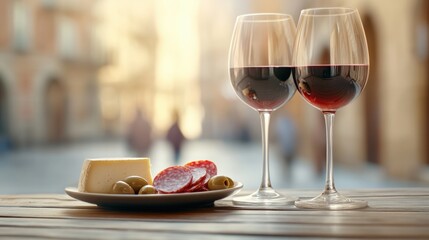 Naklejka premium Elegant Wine and Cheese Pairing with Salami and Olives on Rustic Wooden Table