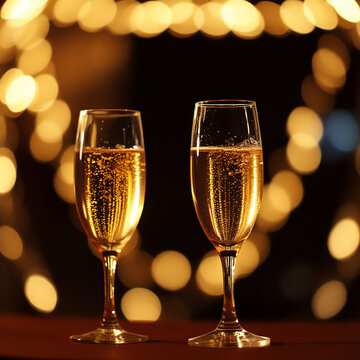 two filled crystal glasses ready for a toast. Glass glasses on a dark background and reflections with blurred lights and gold bokeh. To celebrate a party, an anniversary, party.