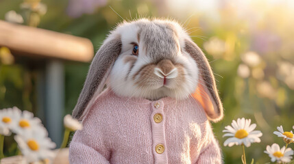 fluffy bunny wearing soft pink sweater stands among daisies, radiating charm and warmth in sunny garden