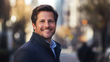 Fototapeta premium Confident businessman walking down a busy city street with a smile, exuding professionalism and success during the daytime