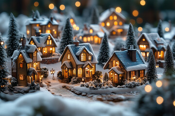 A festive village scene with tiny illuminated houses and snow-covered roofs.