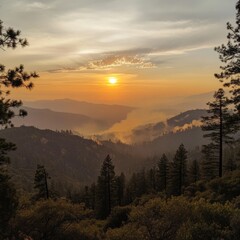 Obraz premium Picturesque sunset at Sequoia National Park, with smoke from controlled burns.