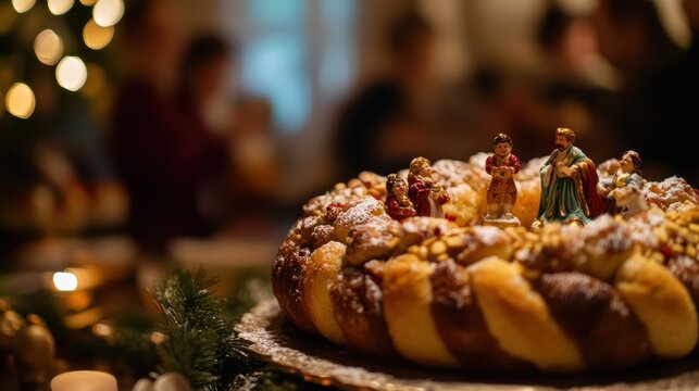Traditional rosca de reyes cake with hidden figurine for celebration of epiphany