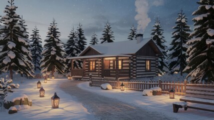 Cozy Winter Cabin in Snowy Landscape with Lanterns. A charming log cabin nestled among snowy trees, illuminated by soft lantern light, creating a perfect winter wonderland atmosphere.