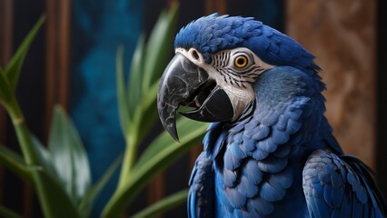 Obraz premium Cute Parrot, Hyacinth Macaw, Bird, Beautiful Pet, A close-up Portrait, Animal, Marble, Home, Indoor, Wallpaper, Screensaver, Background