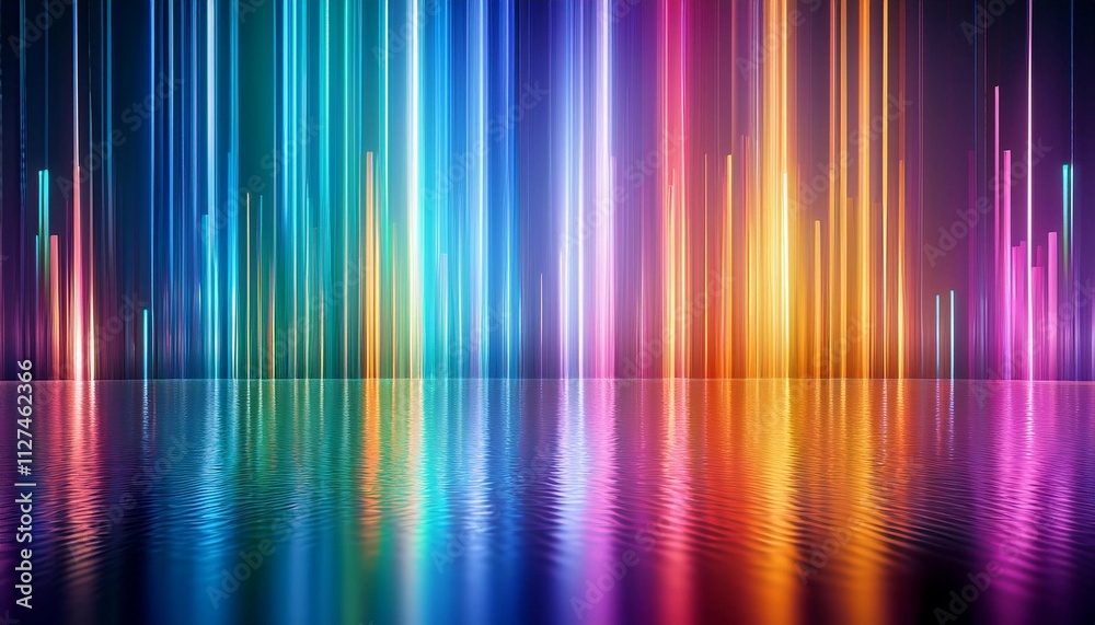 Wall mural a vibrant and colorful abstract background with vertical light patterns reflected in a calm water su