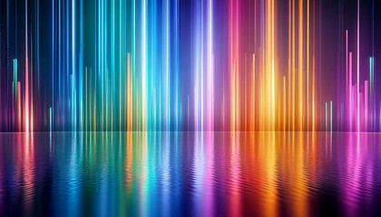 a vibrant and colorful abstract background with vertical light patterns reflected in a calm water surface