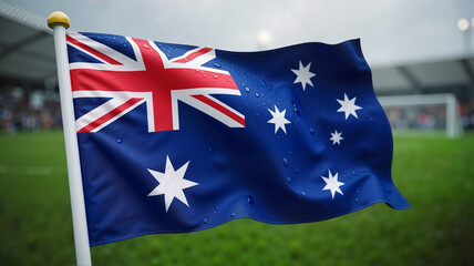 Australian flag waving in a stadium during a sunny day
