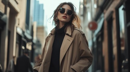 Obraz premium Fashionable woman in trench coat exploring urban streets