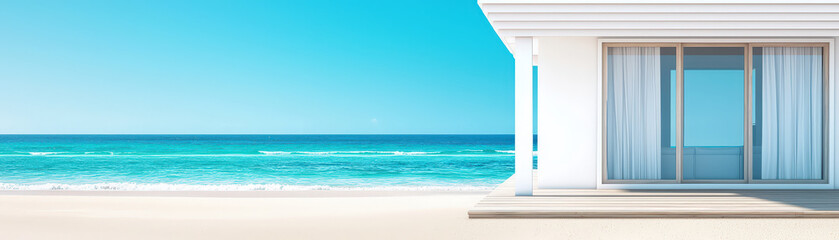 Fototapeta premium cozy beach house with white walls overlooks serene ocean view, creating tranquil atmosphere