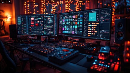 Creative Workspace with Dual Monitors Showcasing Vibrant Design Palettes for Graphic Projects