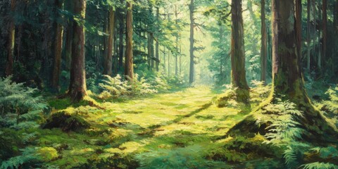 Obraz premium Sunlit moss-covered forest floor with ferns