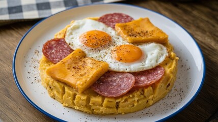 Savory Breakfast Platter with Eggs, Salami, and Cheddar. Indulge in a hearty breakfast featuring fluffy eggs, savory salami, and melted cheddar cheese on a golden base, perfect for any morni...