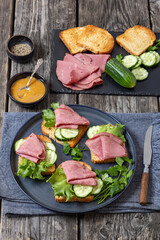 toast with corned beef and veggies, top view