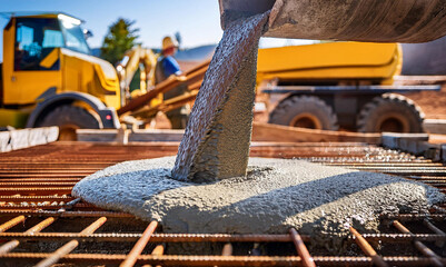 Genera close-up cement pouring, construction site close-up cement pouring momentted Image