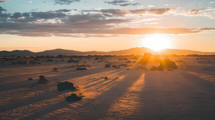 A sunset over a flat desert, casting long shadows from scattered rocks and dunes