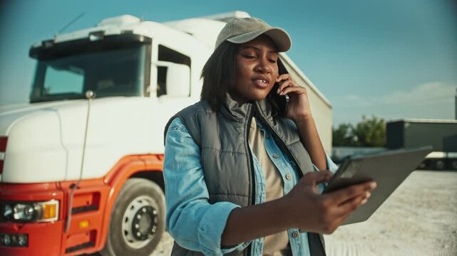 Serious African American woman standing in front of truck while talking on phone. Listening to manager or communication center. Using tablet device with one hand and swiping on screen.
