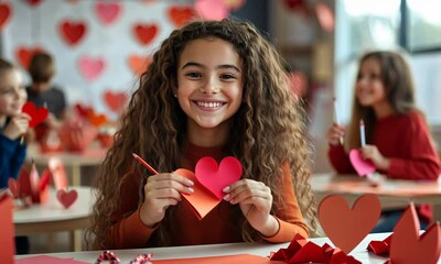 Smiling girl making paper valentine decorations for party in school class