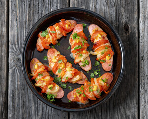 hot sausages baked with cheese, tomato, mustard