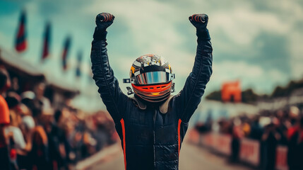 The race car driver celebrates win triumph after winning the high-speed race - obrazy, fototapety, plakaty
