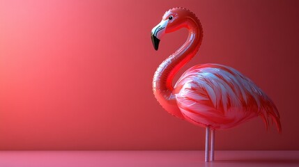 Fototapeta premium Pink inflatable flamingo against coral background.