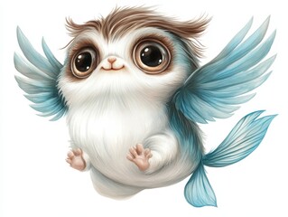 Obraz premium Adorable fantasy creature with fluffy white fur, blue wings, and large expressive eyes, flying joyfully against a white background. Perfect for whimsical, magical, or children's themes, AI