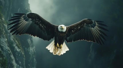 Obraz premium Majestic bald eagle in flight, wings spread wide.
