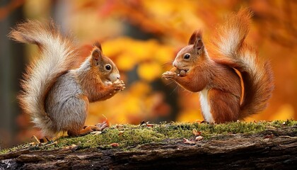 two adorable squirrels in colorful orange autumn forest two squirrels are in the forest and one of them is eating nuts fall season cute wildlife