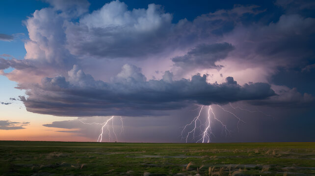 A thunderstorm rolling over a flat plain, with lightning illuminating the clouds