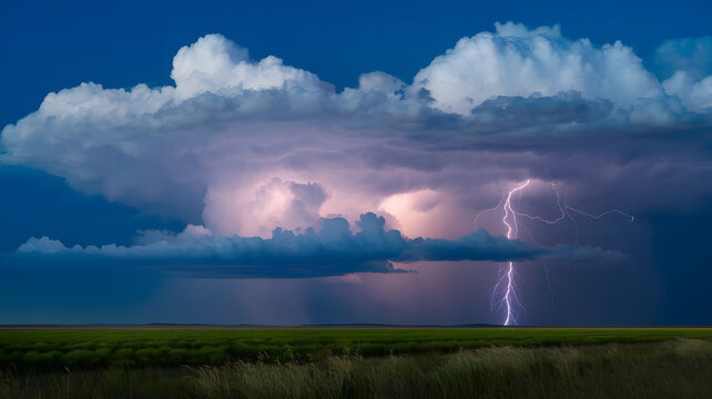A thunderstorm rolling over a flat plain, with lightning illuminating the clouds