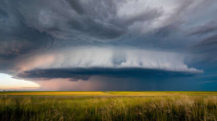 A thunderstorm rolling over a flat plain, with lightning illuminating the clouds