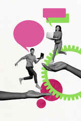 Vertical photo collage of two happy girl guy hold laptop business people correspondence gearwheel...