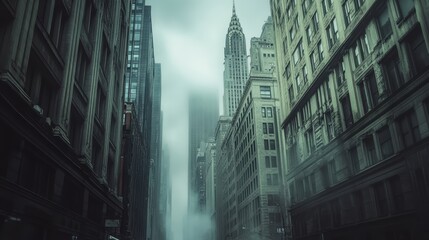 Mystical urban cityscape with fog surrounding iconic skyscrapers